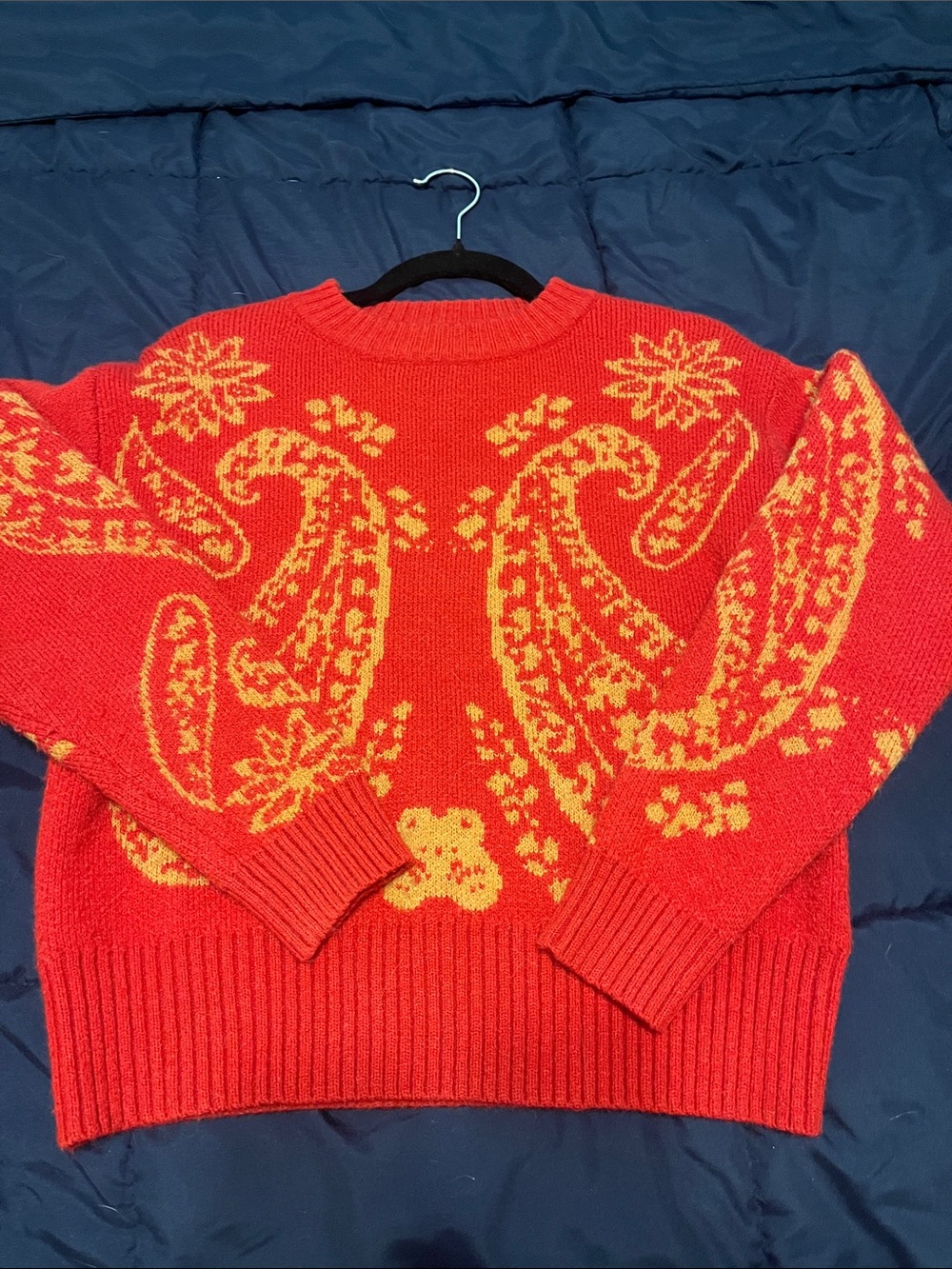 fab'rik Red Crewneck Sweater with Yellow Paisley Motif